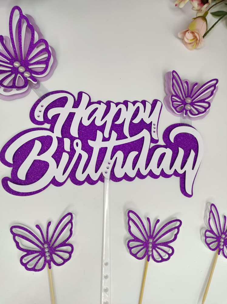 Happy Birthday Cake Topper + 6 Cupcake 3D Butterflies