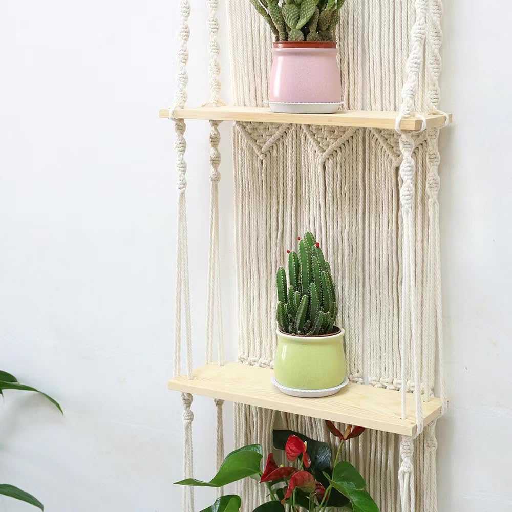 Macrame with wooden shelves ready to hang