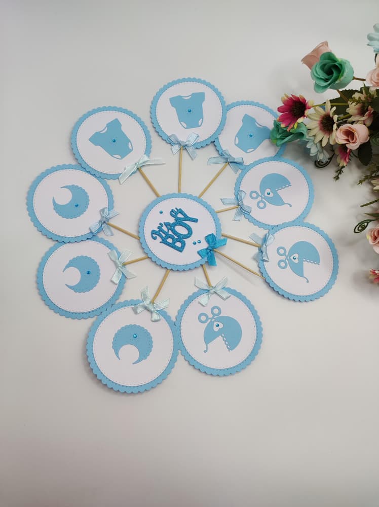 Blue Baby Boy Shower Cupcake Toppers - 10Pcs