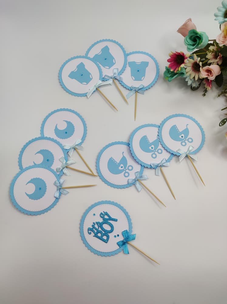 Blue Baby Boy Shower Cupcake Toppers - 10Pcs
