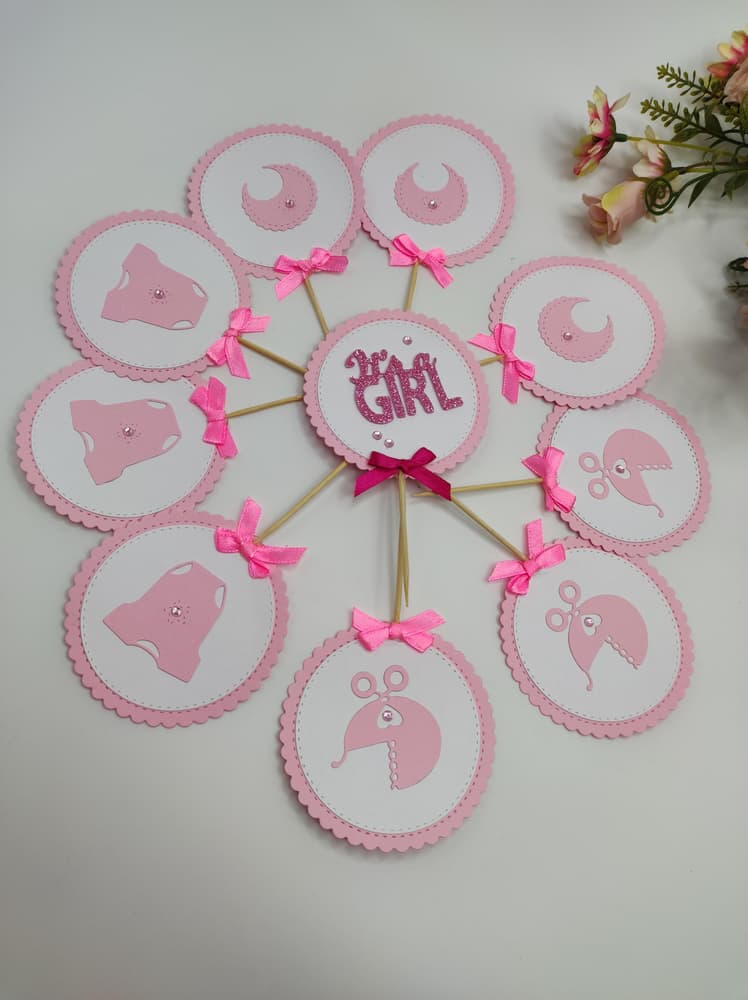 Pink BabyGirl Shower Cupcake Toppers - 10Pcs