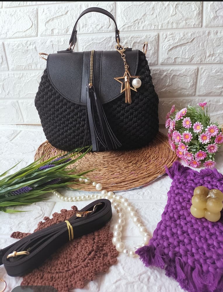 Handmade bag  with black colour  and black leather 