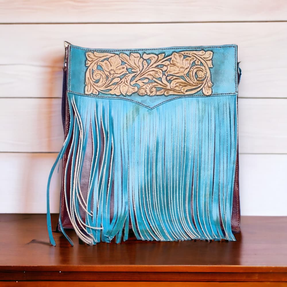 Genuine leather turquoise tote bag