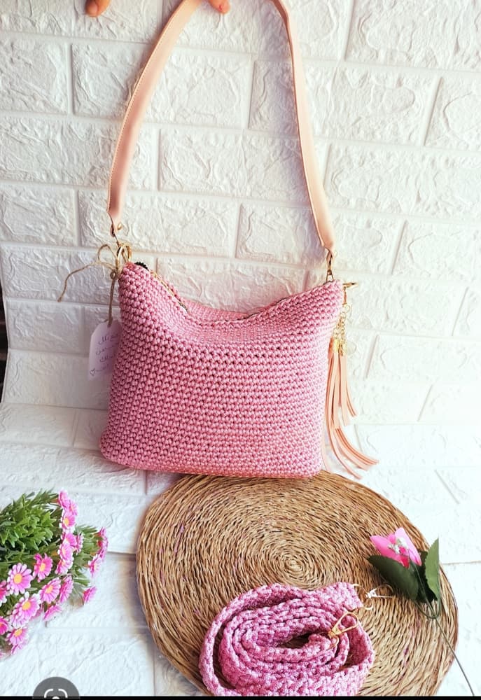 Handmade bag with pink colour and pink leather 
