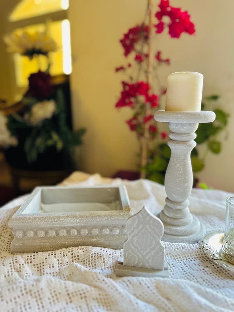 Decorative set of small tray, candle holder and small decorative stand.