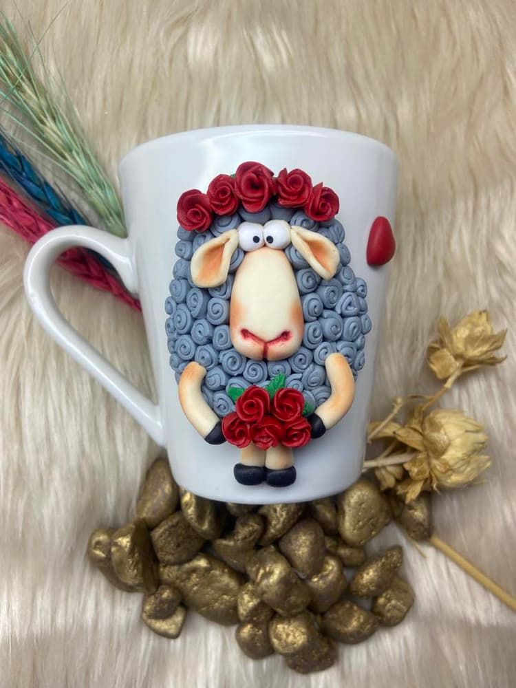 Sheep mug with roses - Handmade