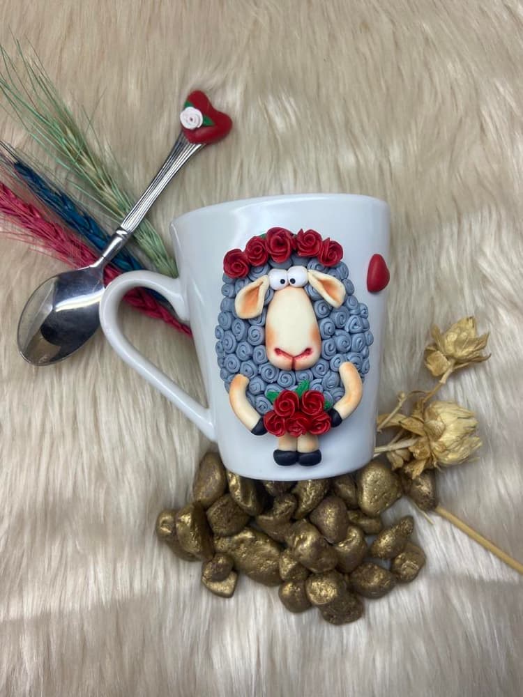 Sheep mug with roses + spoon - Handmade