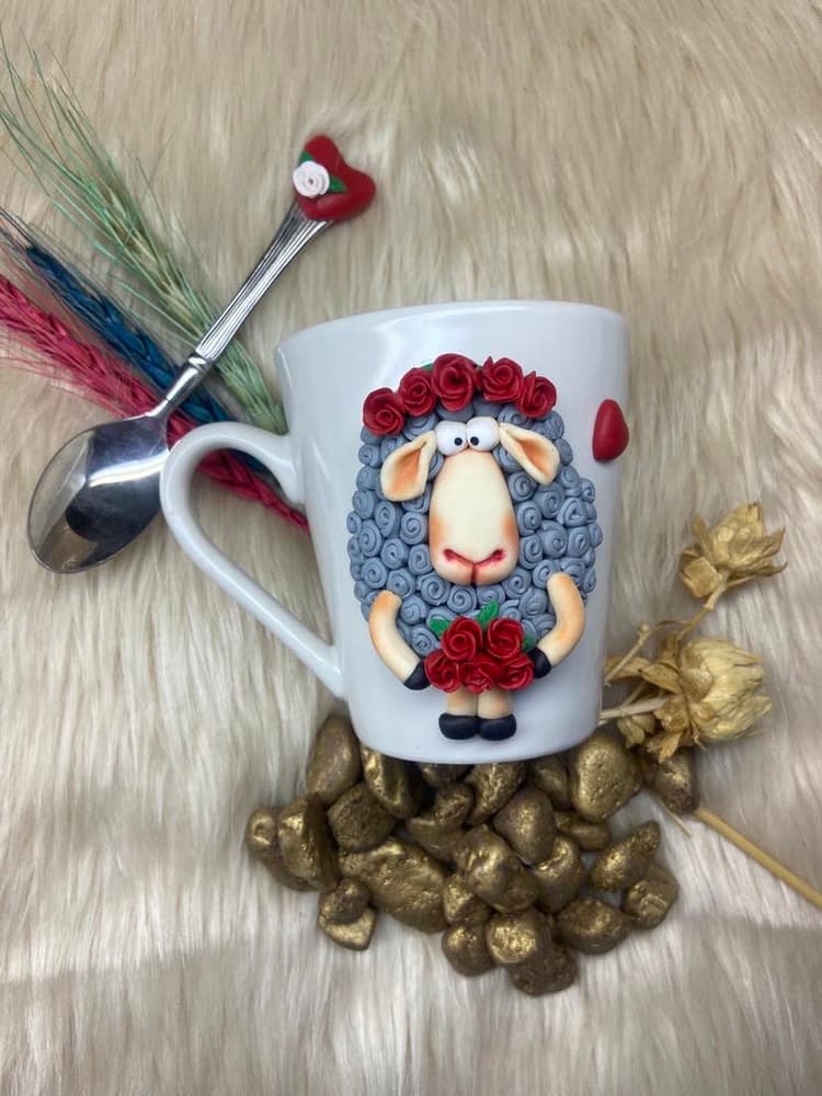 Sheep mug with roses + spoon - Handmade