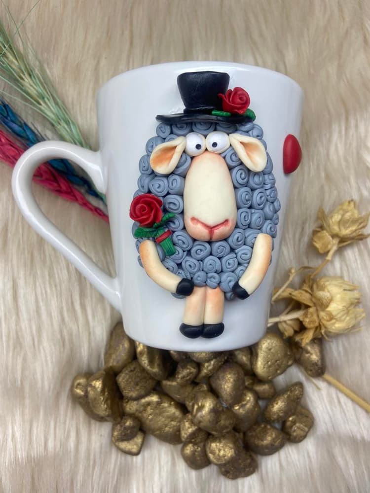 Sheep mug with roses 2 - Handmade