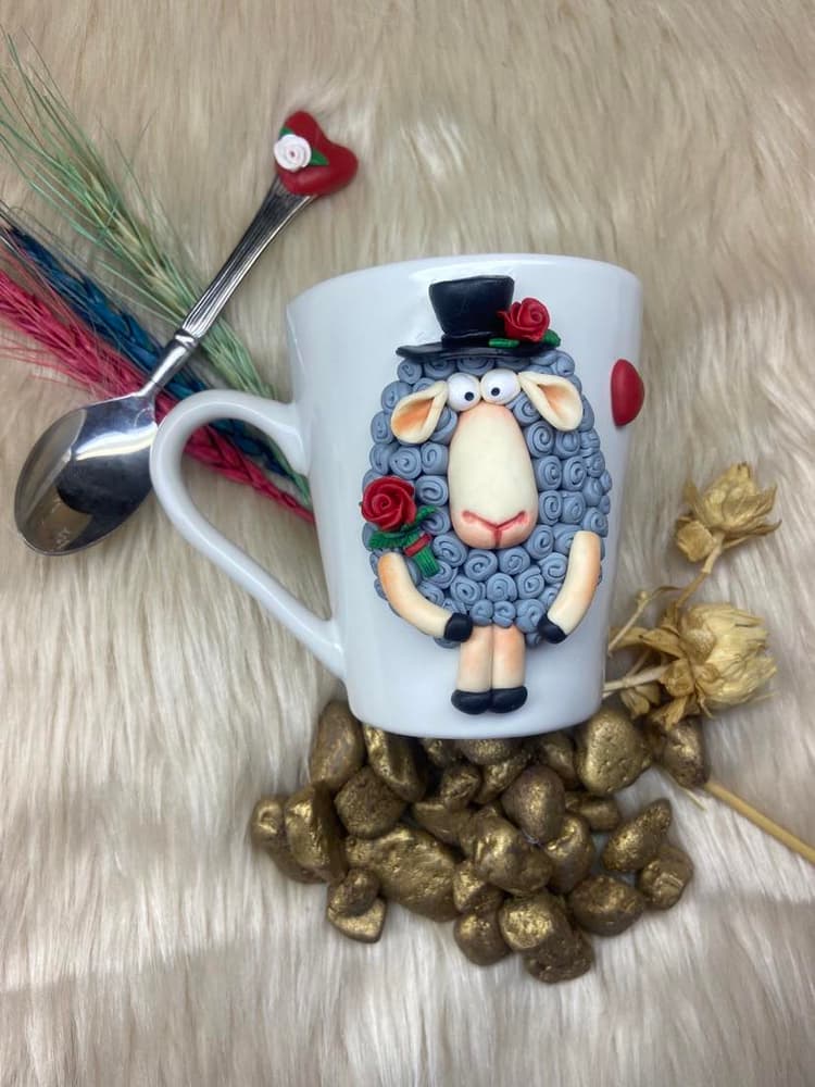 Sheep mug with roses 2 + Spoon - Handmade