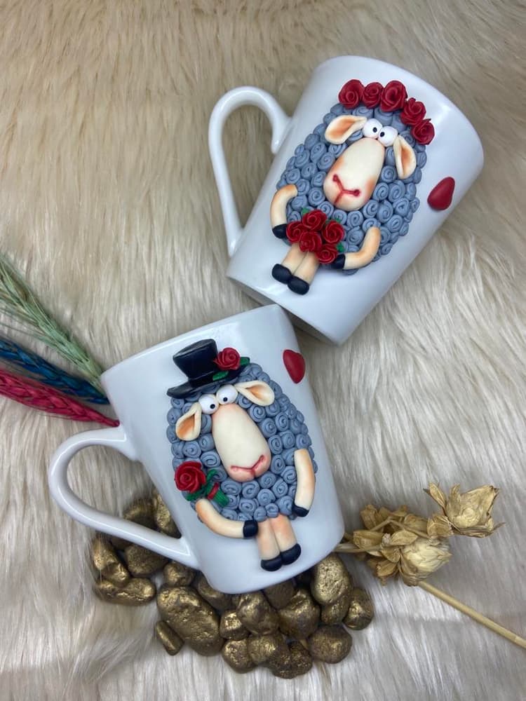 2 Mugs Sheep  - Handmade