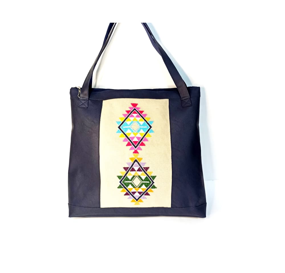 A.21-2 Navy leather and off-white dekke with mandalas embroidery 
