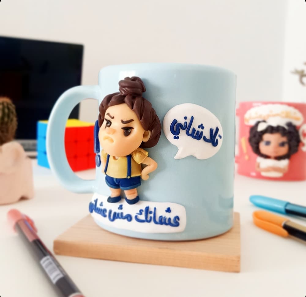 Angry girl on blue mug 