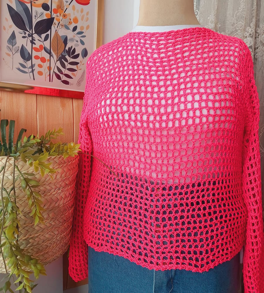 Neon pink crochet mesh top 