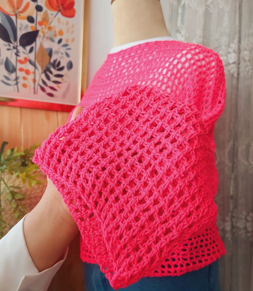 Neon pink crochet mesh top 