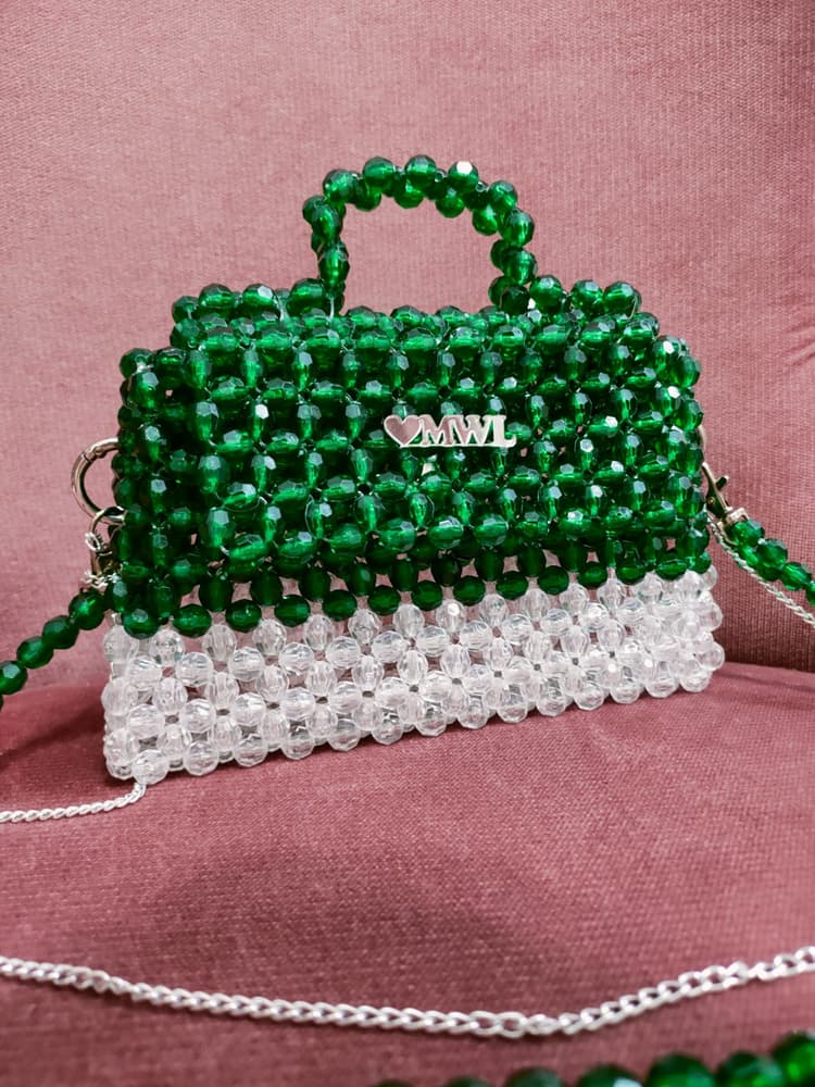 Crystal beads bag   A mixture of olive color and white   