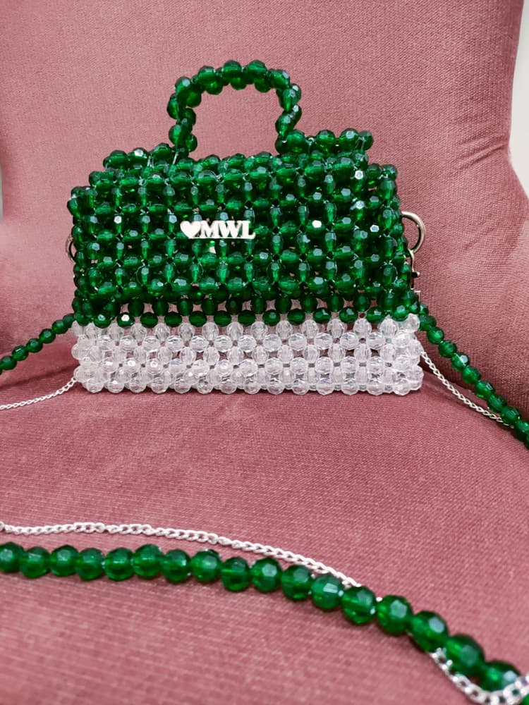 Crystal beads bag   A mixture of olive color and white   