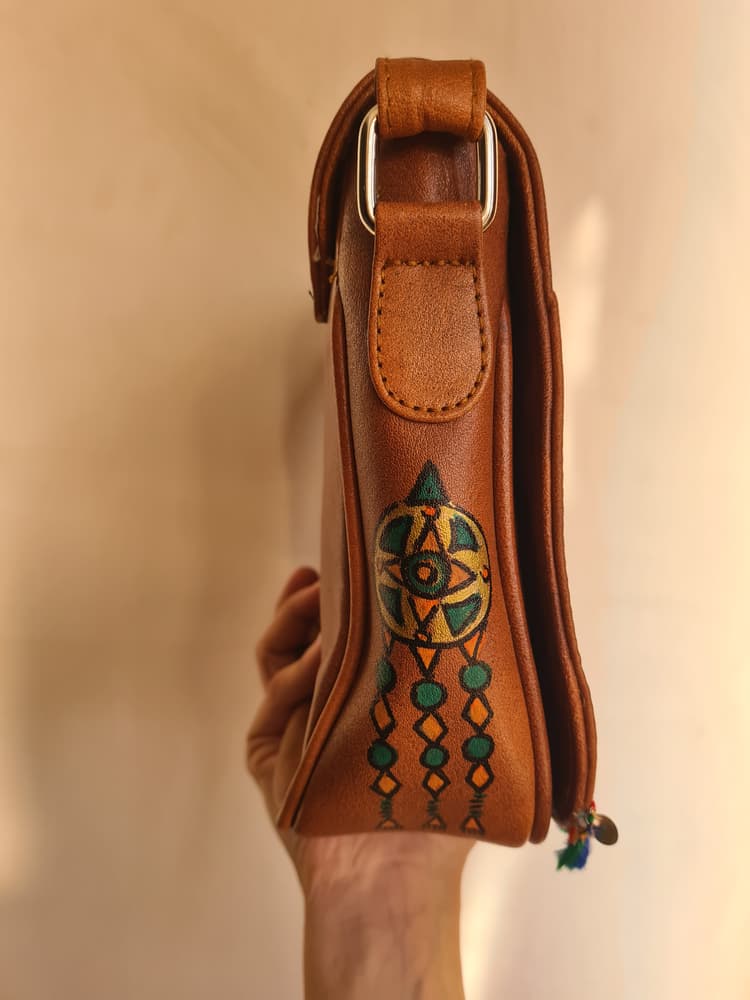 Handpainted toffee brown genuine leather crossbody bag 