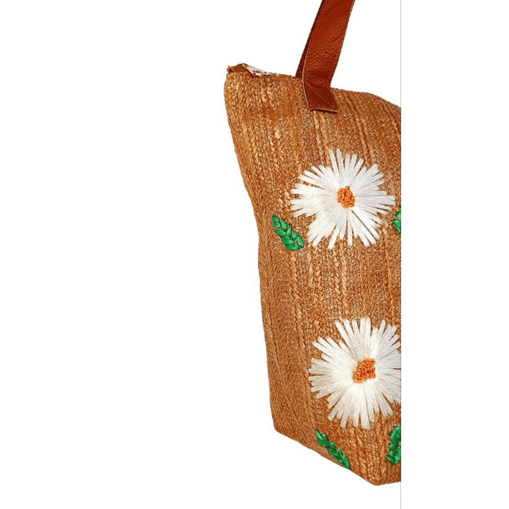 A.13-10 Camel straw and camel leather with white flowers embroidery 
