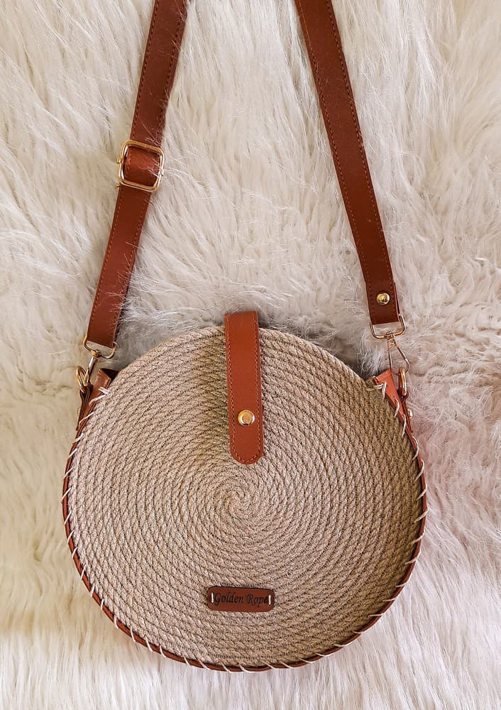 Jute summer bag with leather/ handmade cross bag